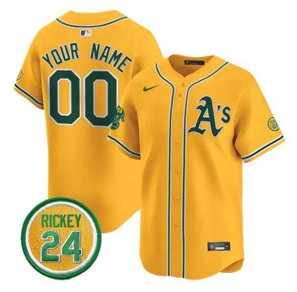 Men%27s Oakland Athletics Active Player Custom Gold Rickey Henderson Patch Vapor Premier Limited Stitched Baseball Jersey
